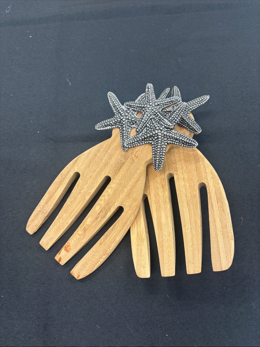 Mudpie Wooden Salad Servers with Silver Starfish Accents - Beach Style